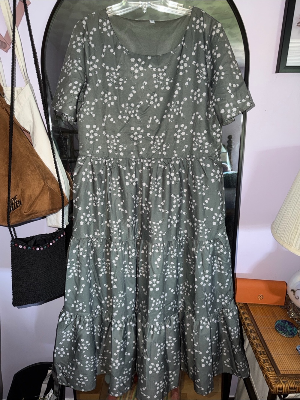 Women's Olive Green Floral Short-Sleeve Dress